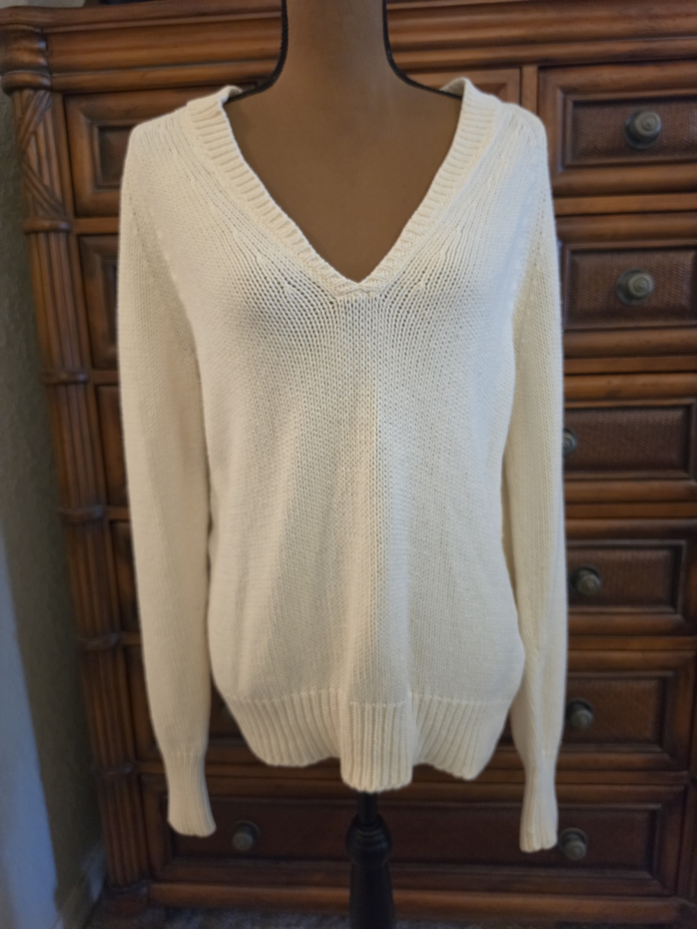 Vtg 90s Old Navy Cream V Neck Shaker Knit Chunky Cozy Cotton Blend Sweater XL